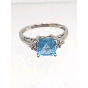 14k White Gold Ring With Princess Cut Blue Topaz & 6 Diamonds Signed EMA Size 7
